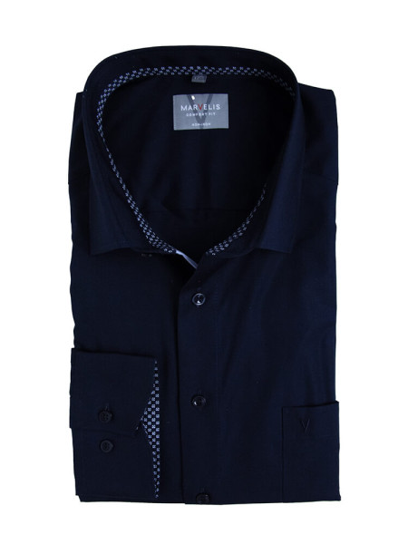 Chemise Marvelis COMFORT FIT UNI POPELINE bleu foncé avec col Nouveau Kent en coupe classique