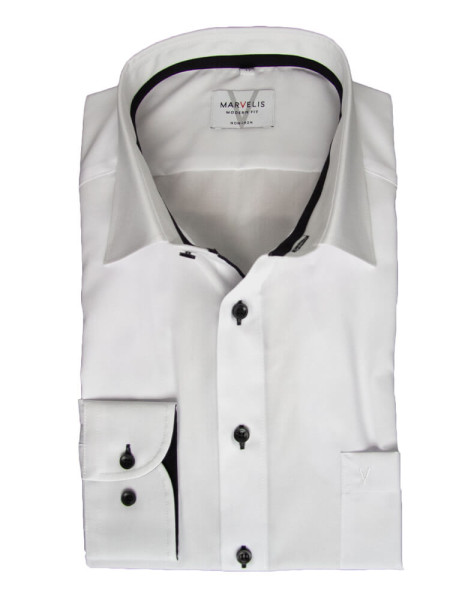 Chemise Marvelis MODERN FIT UNI POPELINE blanc avec col Nouveau Kent en coupe moderne