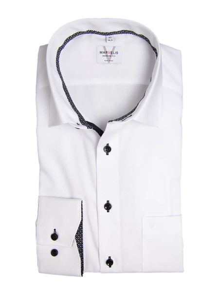 Chemise Marvelis MODERN FIT UNI POPELINE blanc avec col Nouveau Kent en coupe moderne