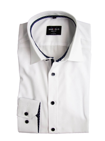 Chemise Marvelis BODY FIT UNI POPELINE blanc avec col New York Kent en coupe étroite